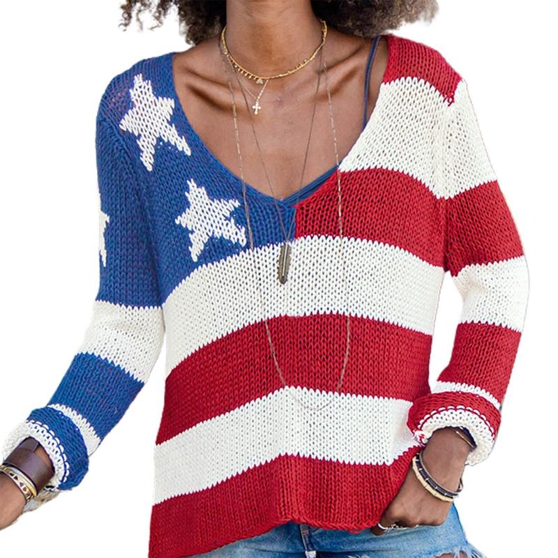 Women's 4th of July Knit Tops Flag Star Stripe Print Long Sleeve V-Neck Slit Hem Slim Knitwear Womenswear Underwear...