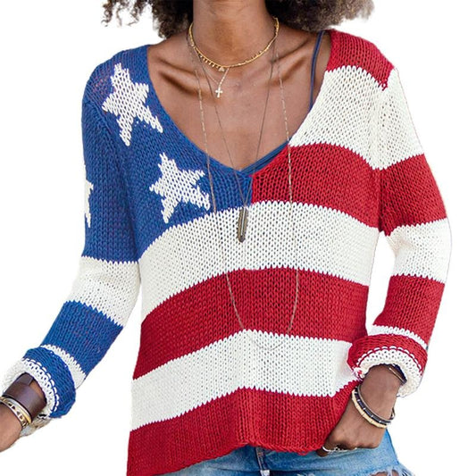 Women's 4th of July Knit Tops Flag Star Stripe Print Long Sleeve V-Neck Slit Hem Slim Knitwear Womenswear Underwear...