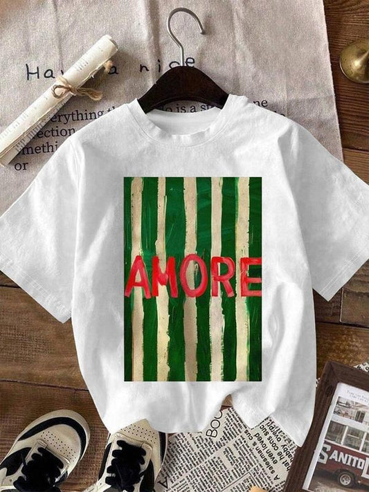 Women's AMORE Print Round Neck Tee, Fashion Casual Crew Neck T-Shirt for Daily Holiday Vacation Outdoor Wear, Ladies...