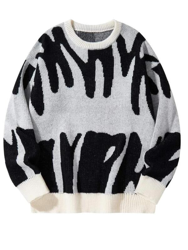 Women's Abstract Print Drop Shoulder Sweater, Casual Long Sleeve Round Neck Jumper for Fall & Winter, Fashion Ladies'...
