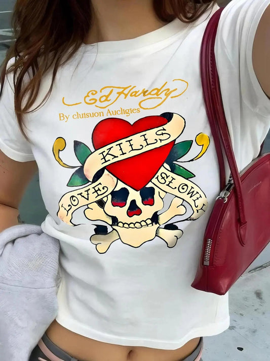 Women's All Over Heart & Skull Print Round Neck Tee, Fashion Casual Crew Neck T-shirt for Daily Holiday Vacation Outdoor...