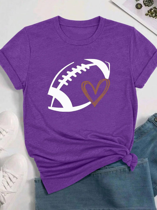 Women's American Football & Heart Print Round Neck Tee, Casual Short Sleeve Crew Neck T-shirt for Daily Wear, Ladies...