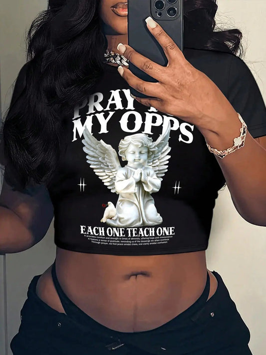 Women's Angel Print Round Neck Crop Tee, Fashion Casual Letter & Graphic Print Crew Neck T-Shirt for Daily Holiday...
