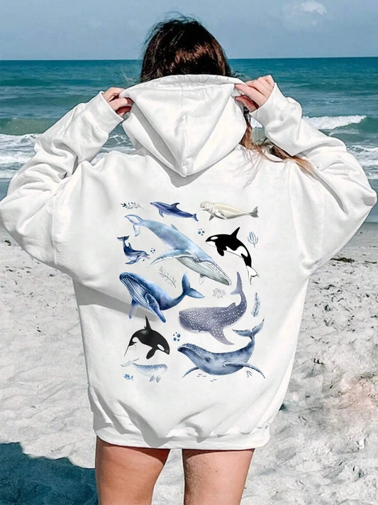 Women's Animal Print Drop Shoulder Hoodie, Fashion Casual Drawstring Pocket Hooded Sweatshirt for Daily Holiday Outdoor...