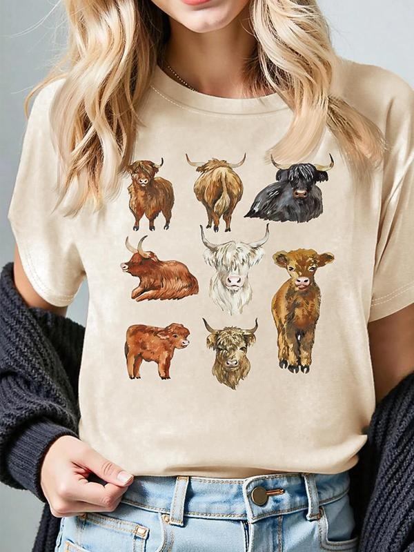 Women's Animal Print Round Neck Tee, Casual Short Sleeve Crew Neck T-shirt for Daily Wear, Ladies Clothes for All Seasons...