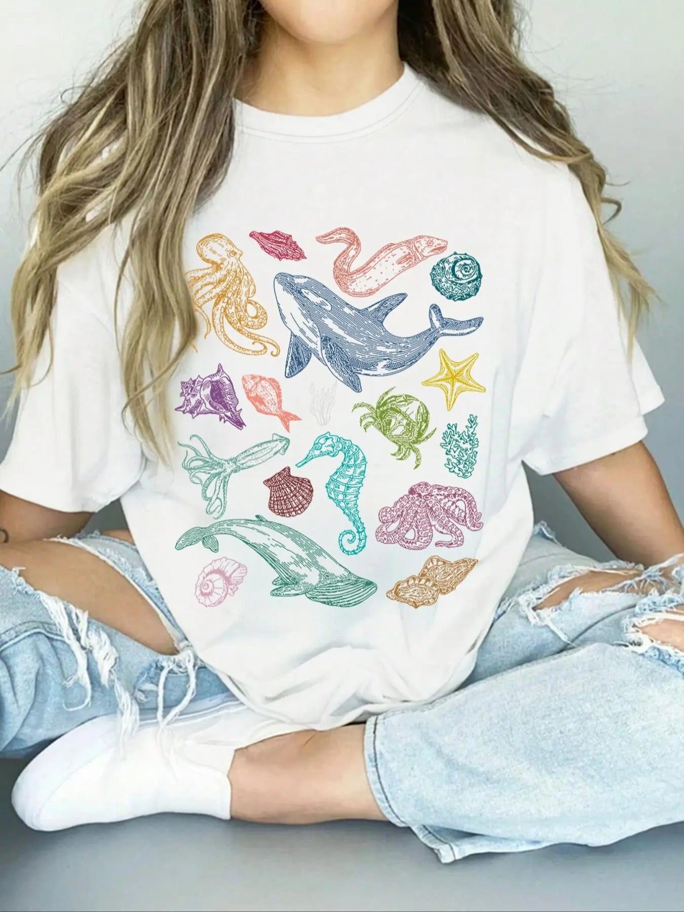 Women's Aquatic Creatures Round Neck Tee, Casual Drop Shoulder Half Sleeve T-shirt, Ladies Summer Outfit Hoodie, Sweatshirt