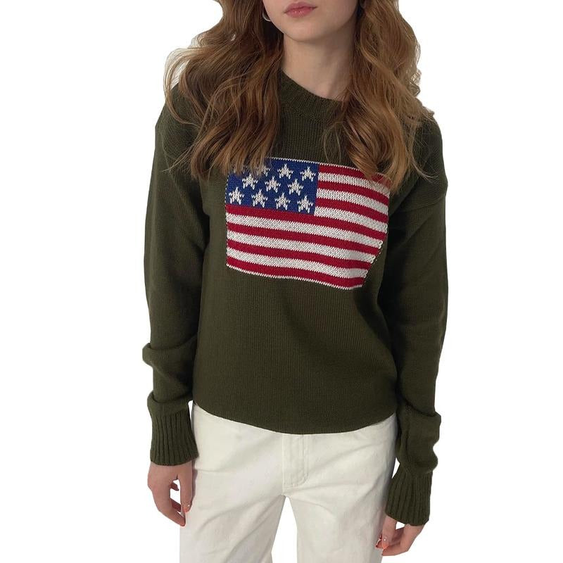 Women's Autumn Loose Knit Tops America Flag Print Long Sleeve Round Neck Sweaters Knitwear Womenswear Navy T-Shirts,...