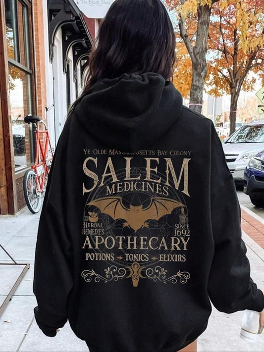 Women's Bat & Letter Print Drop Shoulder Hoodie, Fashion Casual Drawstring Pocket Hooded Sweatshirt for Daily Holiday...