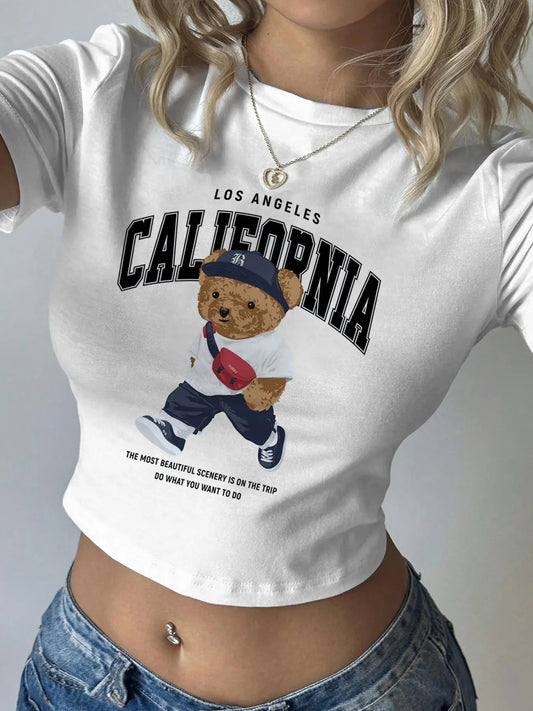 Women's Bear & Letter Print Round Neck Crop Tee, Casual Fashion Crew Neck T-shirt for Daily Holiday Vacation Outdoor...