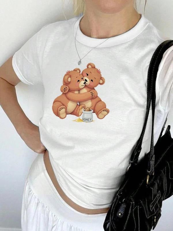 Women's Bear & Letter Print Round Neck Tee, Vintage Trendy Casual Short Sleeve T-shirt for Daily Wear, Ladies All Seasons...