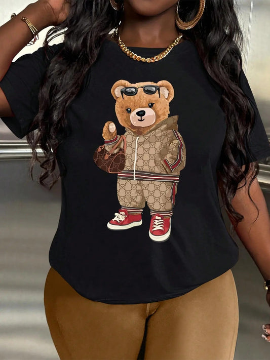 Women's Bear Print Round Neck Graphic Tee, Fashion Casual Crew Neck T-shirt for Daily Holiday Vacation Outdoor Wear,...
