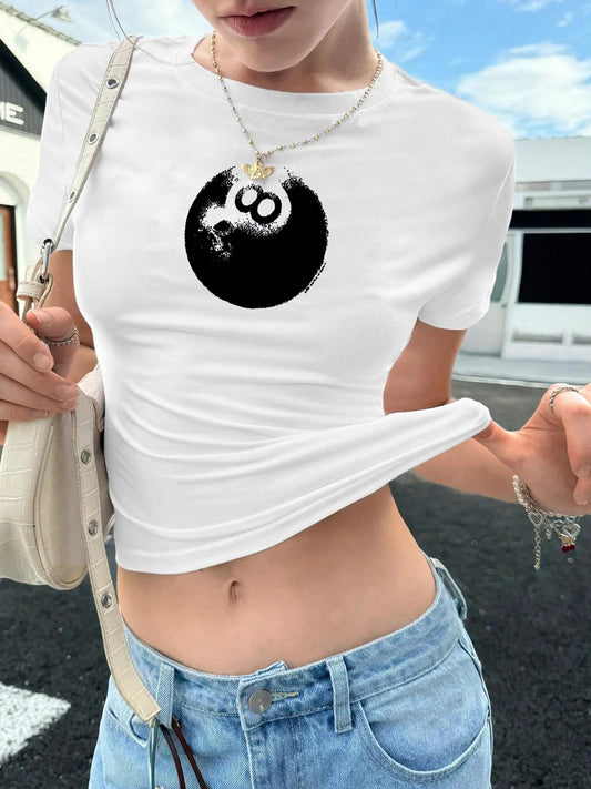 Women's Billiards Number 8 Print Round Neck Tee, Fashion Casual Crew Neck T-shirt for Daily Holiday Vacation Outdoor...