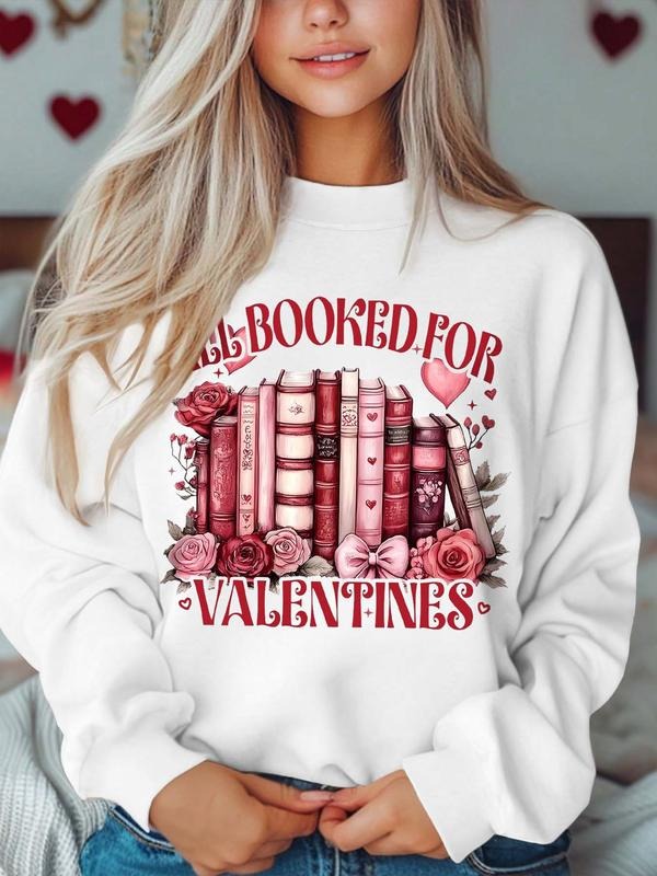 Women's Book & Letter Print Crew Neck Sweatshirt, Casual Long Sleeve Pullover for Spring & Fall, Women's Clothes for...
