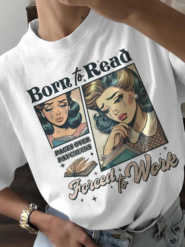 Women's Book & Letter Print Round Neck Graphic Tee, Vintage Trendy Casual Book Graphic Short Sleeve T-shirt for Daily...