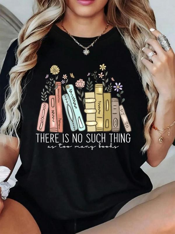 Women's Book & Letter Print Round Neck Graphic Tee, Vintage Trendy Casual Graphic Short Sleeve T-shirt for Daily Wear,...