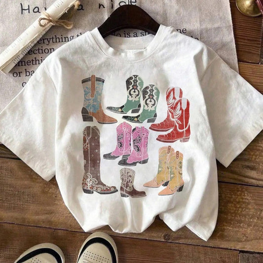 Women's Boots Print Round Neck Tee, Fashion Casual Short Sleeve T-shirt, Ladies Summer Clothes for Daily Wear Hoodie,...