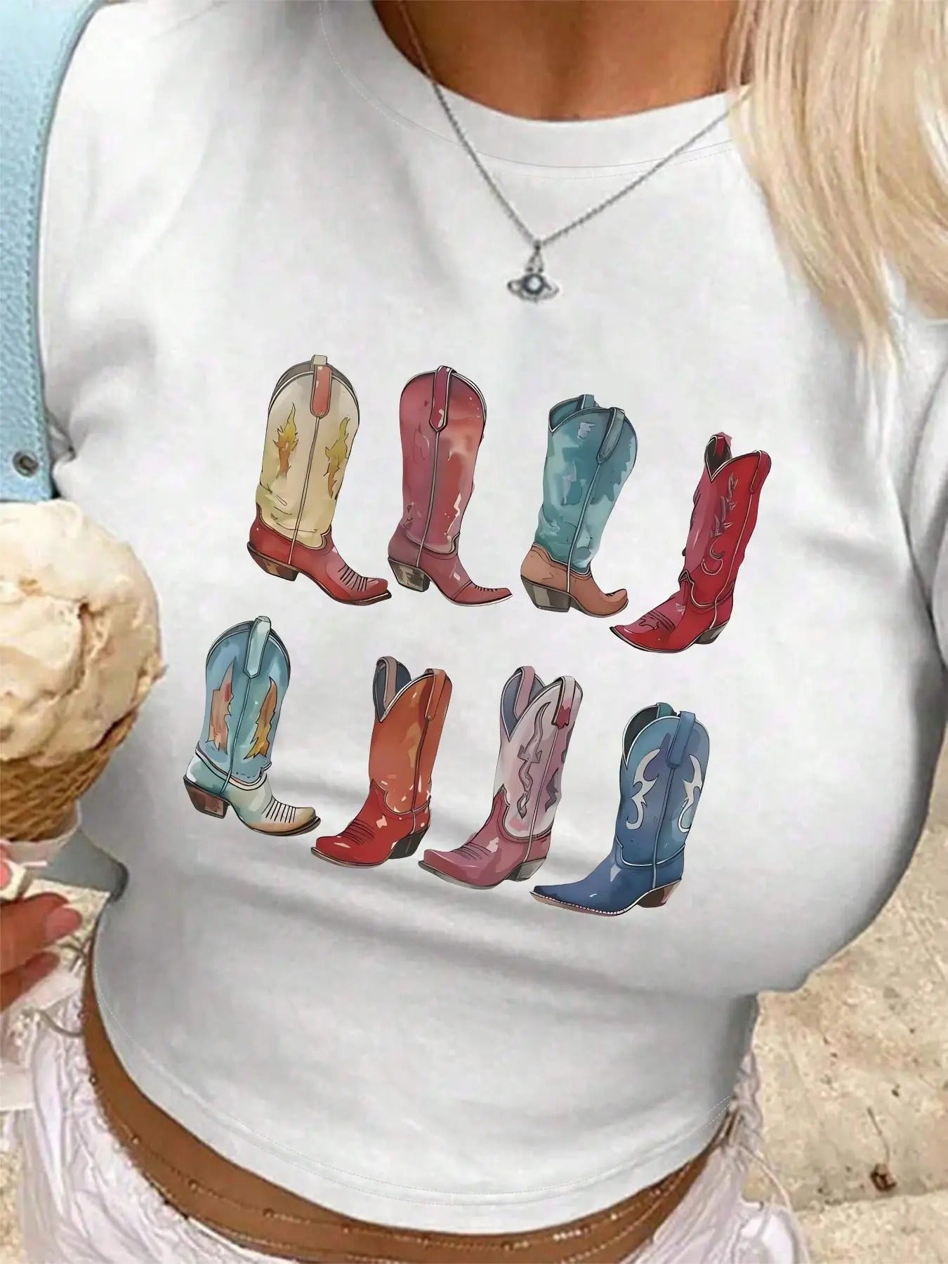 Women's Boots Print Round Neck Tee, Y2K Casual Short Sleeve T-shirt for Daily Wear, Ladies Summer Outfit Hoodie, Sweatshirt