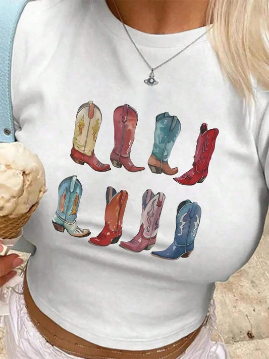 Women's Boots Print Round Neck Tee, Y2K Casual Short Sleeve T-shirt for Daily Wear, Ladies Summer Outfit Hoodie, Sweatshirt
