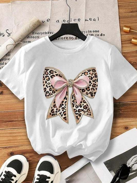 Women's Bow & Leopard Print Round Neck Tee, Fashion Casual Crew Neck T-Shirt for Daily Holiday Vacation Outdoor Wear,...