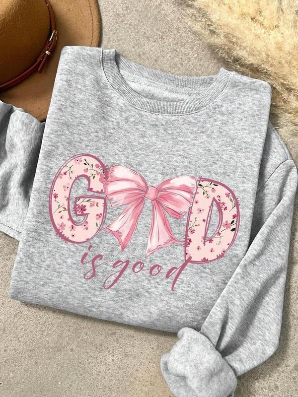Women's Bow & Letter Print Crew Neck Sweatshirt, 1 Count Casual Long Sleeve Pullover for Fall & Winter, Women's Clothes...