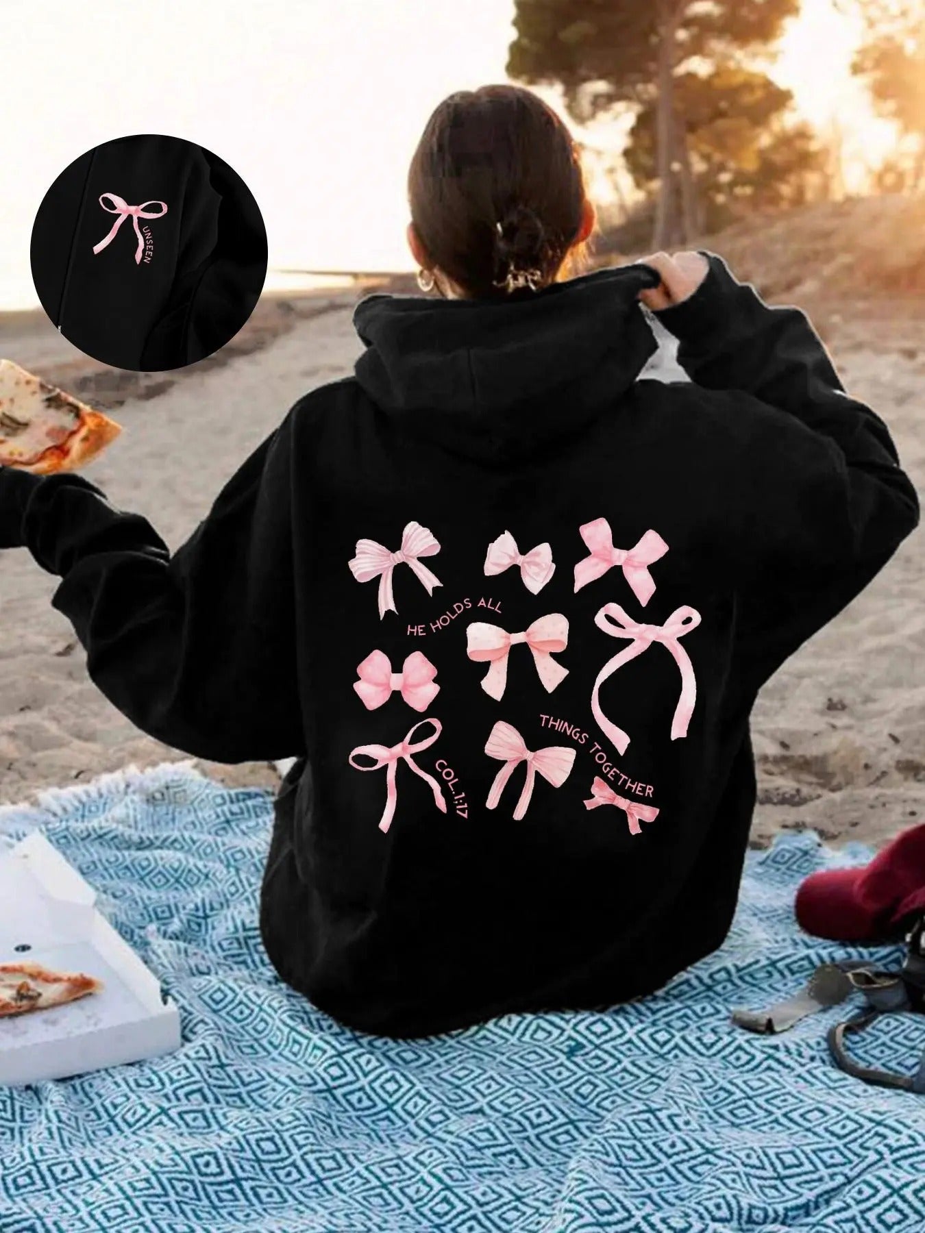 Women's Bow & Letter Print Drawstring Hoodie, Fashion Casual Pocket Hooded Sweatshirt for Daily Holiday Outdoor Wear,...