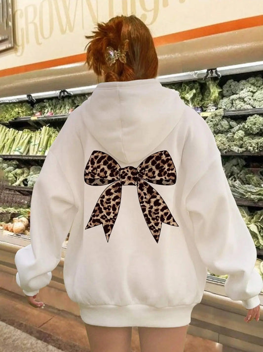 Women's Bow Print Drop Shoulder Hoodie, Fashion Casual Drawstring Pocket Hooded Sweatshirt for Daily Holiday Outdoor...