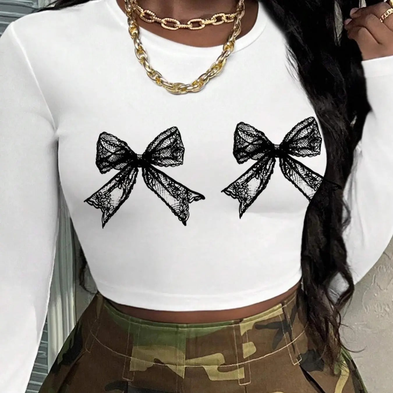 Women's Bow Print Round Neck Crop Tee, Casual Long Sleeve Crew Neck T-shirt for Daily Wear, Ladies Clothes for All...