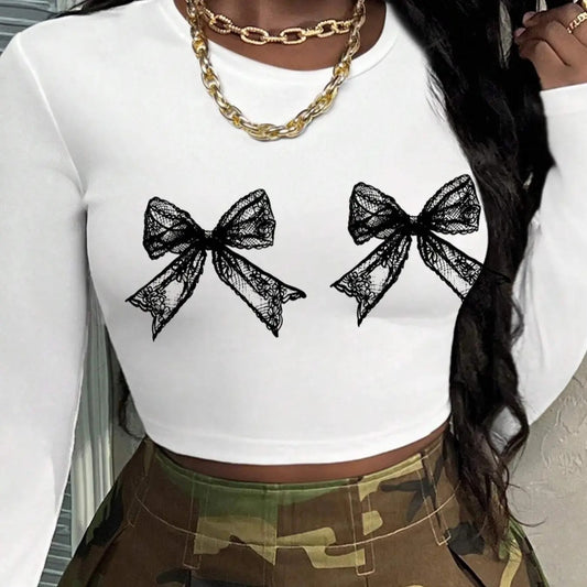 Women's Bow Print Round Neck Crop Tee, Casual Long Sleeve Crew Neck T-shirt for Daily Wear, Ladies Clothes for All...