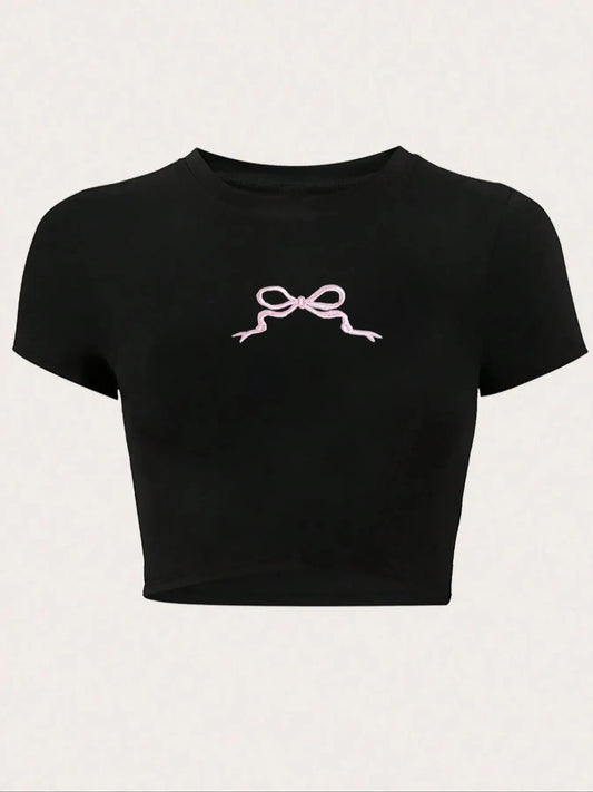 Women's Bow Print Round Neck Crop Tee, Casual Short Sleeve Crew Neck T-shirt for Summer, Fashion Women's Top for Daily...
