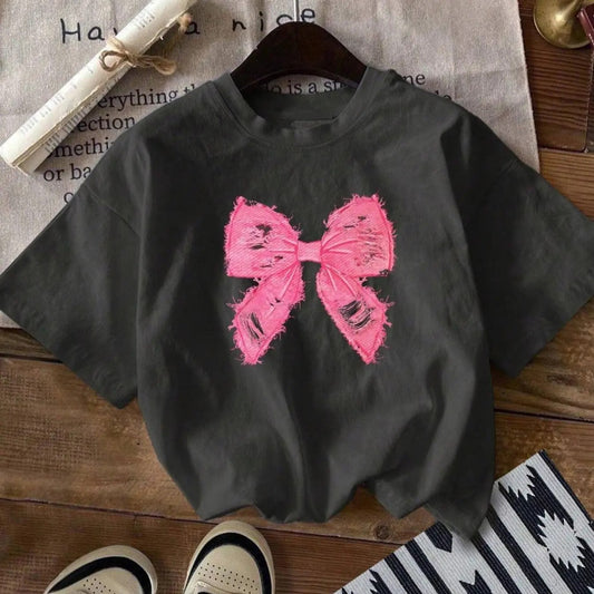 Women's Bow Print Round Neck Tee, Fashion Casual Short Sleeve T-shirt, Ladies Summer Clothes for Daily Wear Hoodie,...