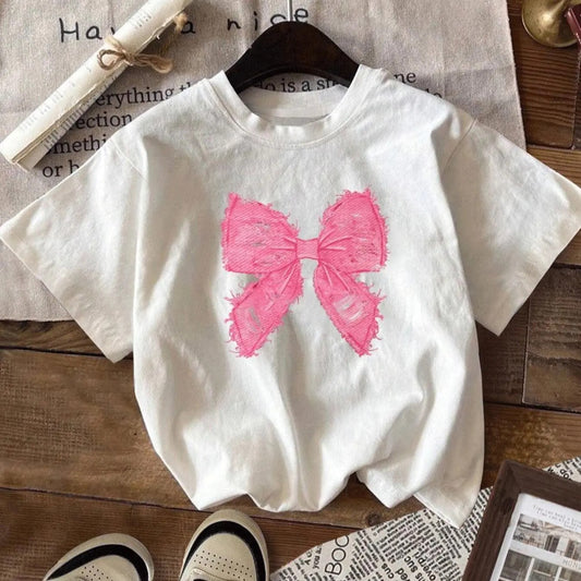 Women's Bow Print Round Neck Tee, Fashion Casual Short Sleeve T-shirt, Ladies Summer Clothes for Daily Wearstyle{n002}2...