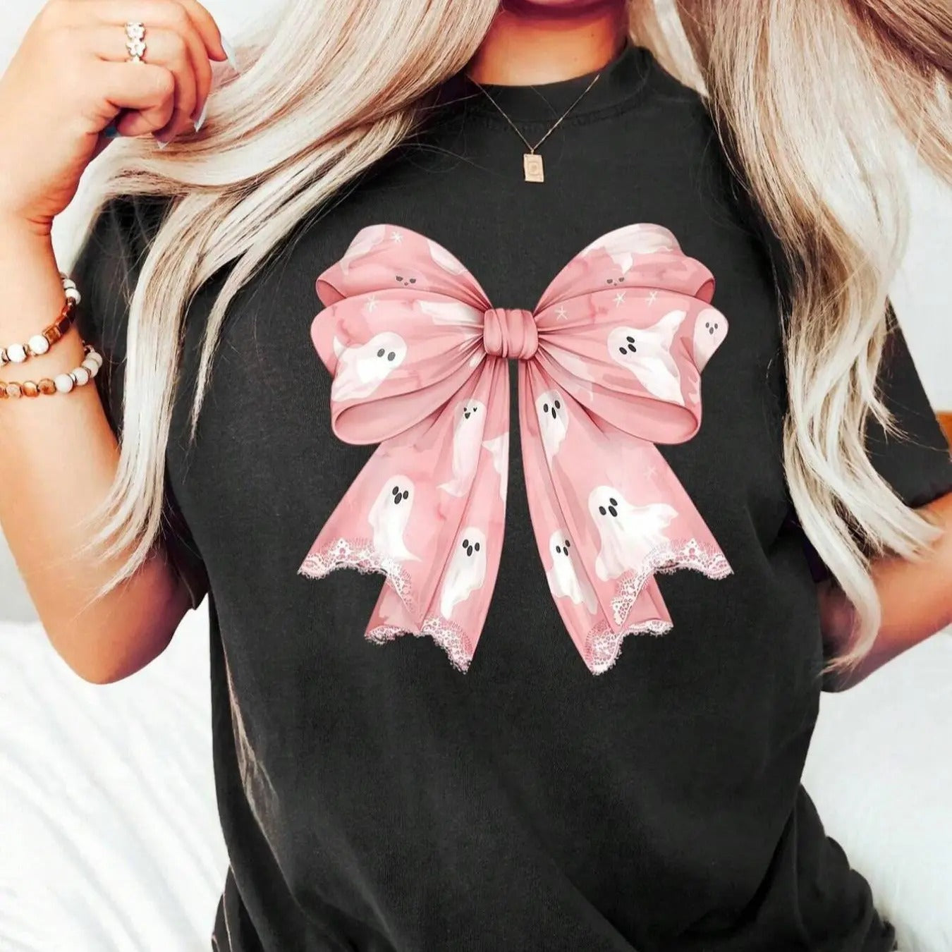Women's Bow Print Round Neck Tee, Trendy Casual Short Sleeve T-shirt for Daily Wear, Ladies Summer Outfit Hoodie, Sweatshirt