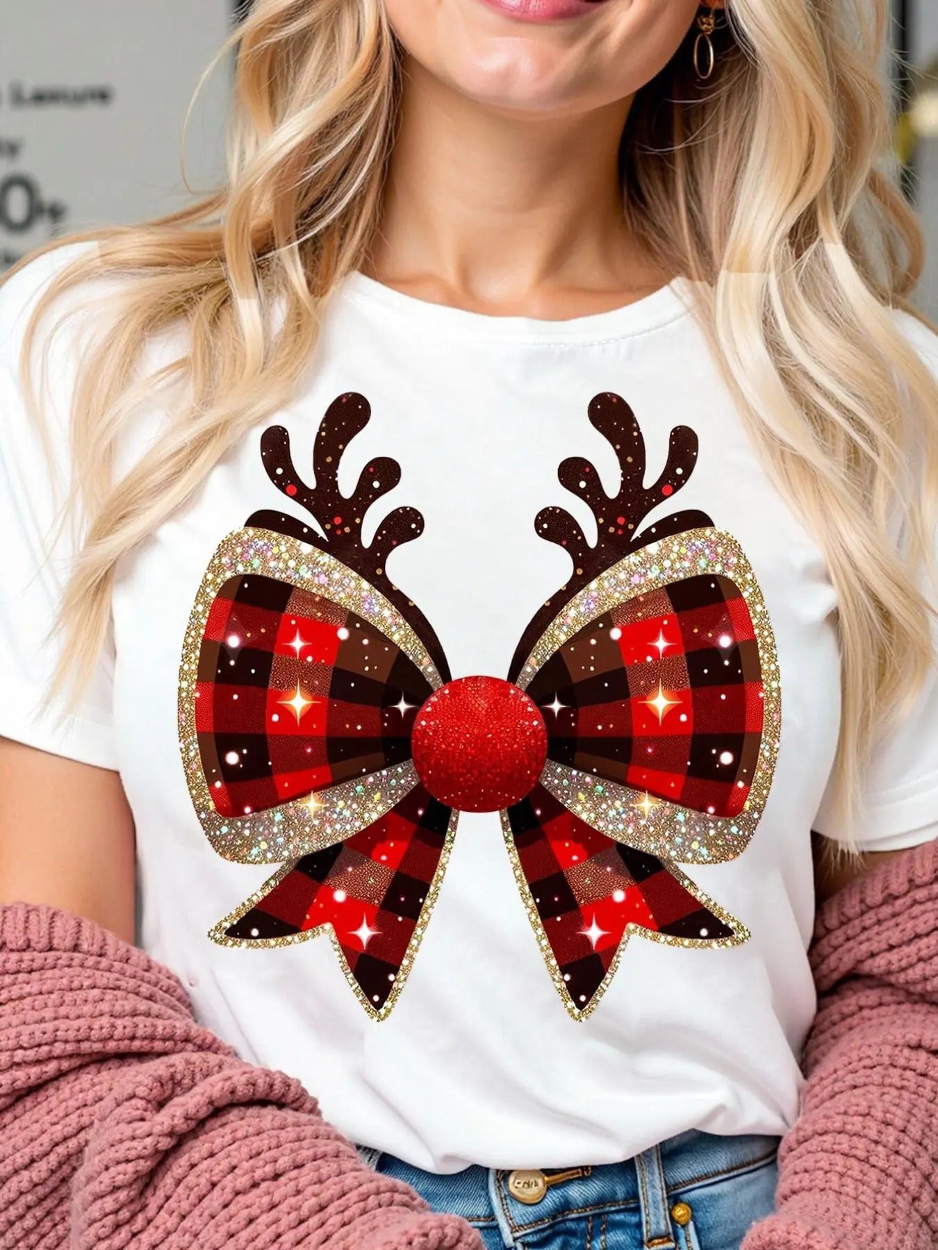 Women's Bowknot & Deer Horn Print Round Neck Tee, Casual Fashion Short Sleeve T-shirt for Daily Wear, Ladies Summer...