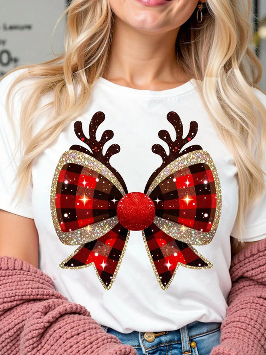 Women's Bowknot & Deer Horn Print Round Neck Tee, Casual Fashion Short Sleeve T-shirt for Daily Wear, Ladies Summer...