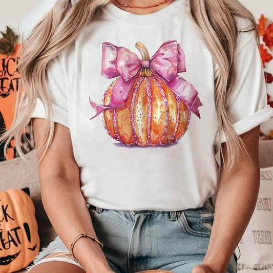 Women's Bowknot & Pumpkin Print Round Neck Tee, Fashion Casual Short Sleeve T-shirt for Daily Holiday Vacation Outdoor...