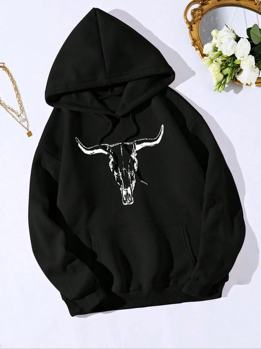 Women's Bull Head Print Drop Shoulder Thermal Lined Hoodie, Fashion Casual Drawstring Pocket Hooded Sweatshirt for Daily...