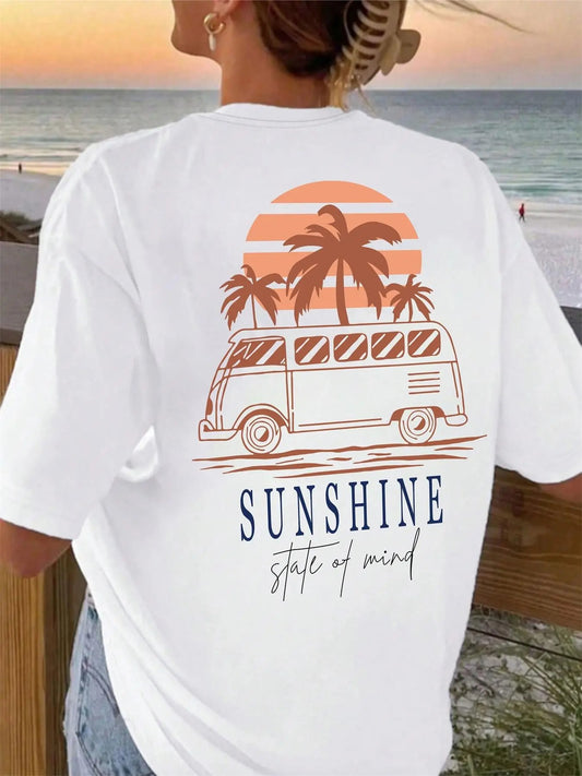 Women's Bus & Tropical Coconut Tree & Letter Print Round Neck Tee, Casual Short Sleeve T-shirt for Summer Vacation,...