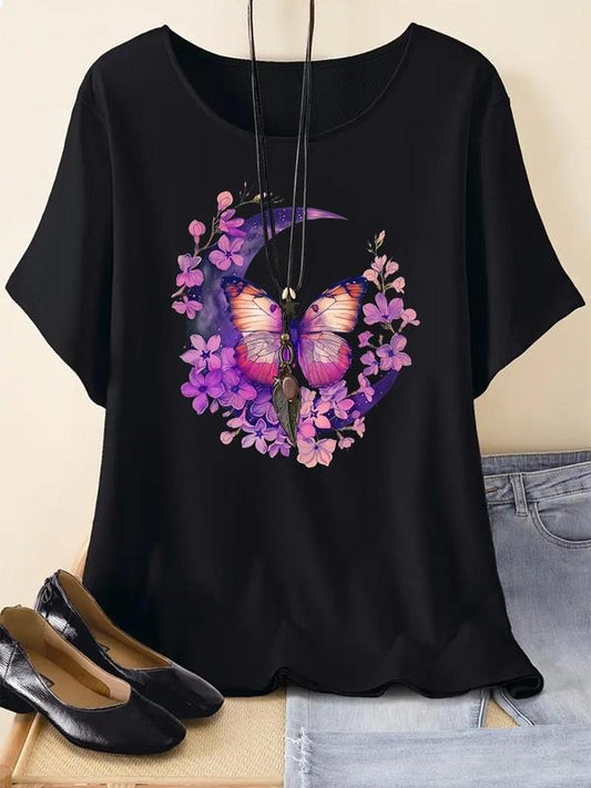 Women's Butterfly & Floral & Moon Print Round Neck Tee, Stylish Short Sleeve Crew Neck T-Shirt for Summer, Fashion...