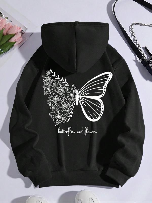 Women's Butterfly & Floral Print Drop Shoulder Hoodie, Fashion Casual Drawstring Pocket Hooded Sweatshirt for Daily...