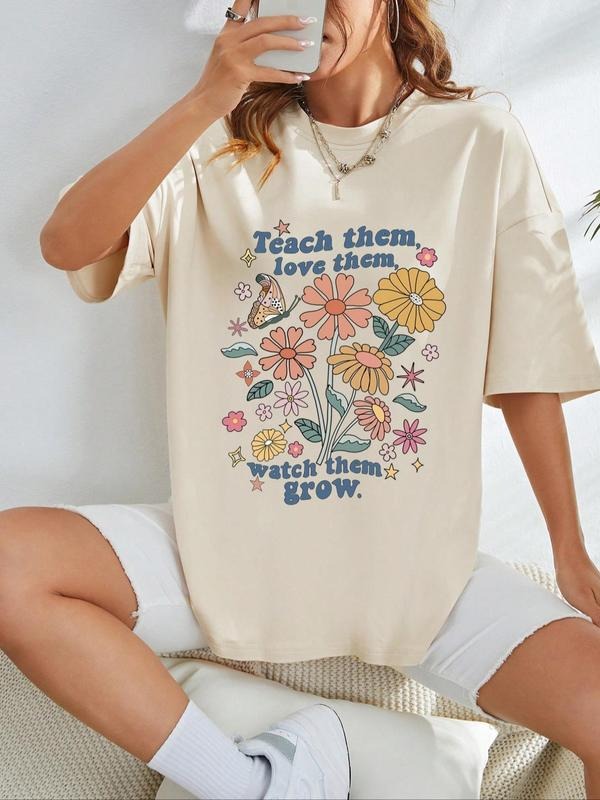 Women's Butterfly & Floral Print Drop Shoulder Tee, Summer Clothes Women, Casual Letter Graphic Round Neck Half Sleeve...
