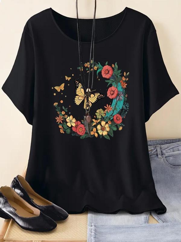 Women's Butterfly & Floral Print Round Neck Tee, Casual Short Sleeve T-Shirt for Summer, Ladies Clothes for Daily...