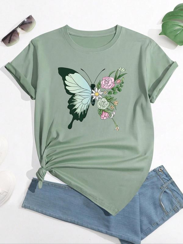 Women's Butterfly & Floral Print Round Neck Tee, Fashion Casual Comfort Crew Neck Short Sleeve T-Shirt for Daily Wear,...