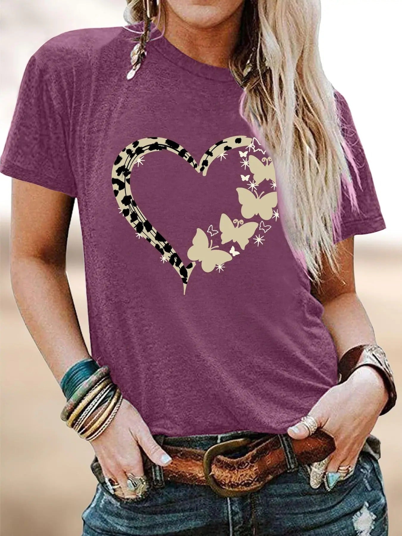 Women's Butterfly & Heart Print Round Neck Tee, Casual Short Sleeve T-Shirt for Summer, Ladies Clothes for Daily Wear...