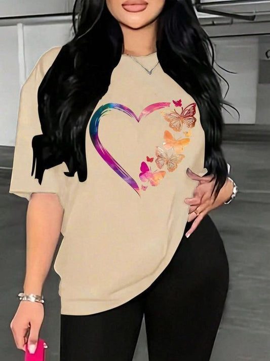 Women's Butterfly & Heart Print Shirt, Fashion Casual Round Neck Half Sleeve T-shirt for Daily Wear,  Vintage Graphic...
