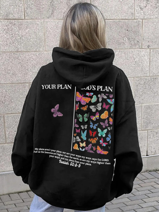 Women's Butterfly & Letter Print Drop Shoulder Hoodie, Fashion Casual Drawstring Pocket Hooded Sweatshirt for Daily...