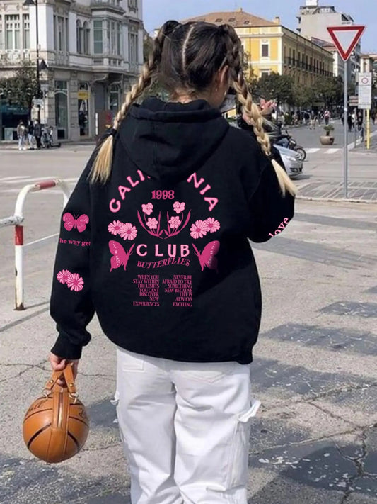 Women's Butterfly & Letter Print Drop Shoulder Hoodie, Fashion Casual Drawstring Pocket Hooded Sweatshirt for Daily...