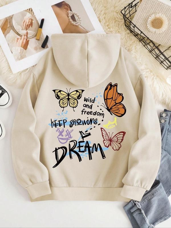 Women's Butterfly & Letter Print Drop Shoulder Hoodie, Fashion Casual Drawstring Pocket Hooded Sweatshirt for Daily...