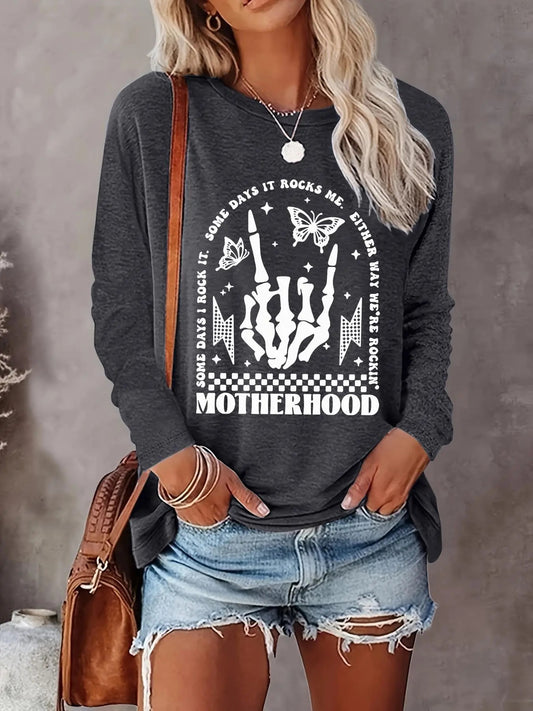 Women's Butterfly & Skeleton Hand Print Drop Shoulder Tee, Fashion Graphic Long Sleeve Crew Neck T-Shirt for Daily...