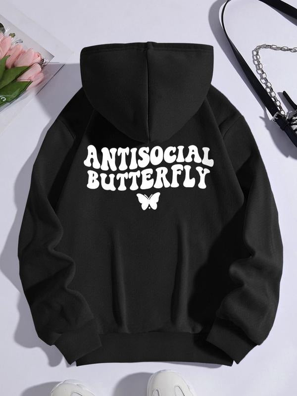 Women's Butterfly Graphic Print Pocket Drawstring Hoodie, Fashion Casual Drop Shoulder Long Sleeve Hooded Sweatshirt for...