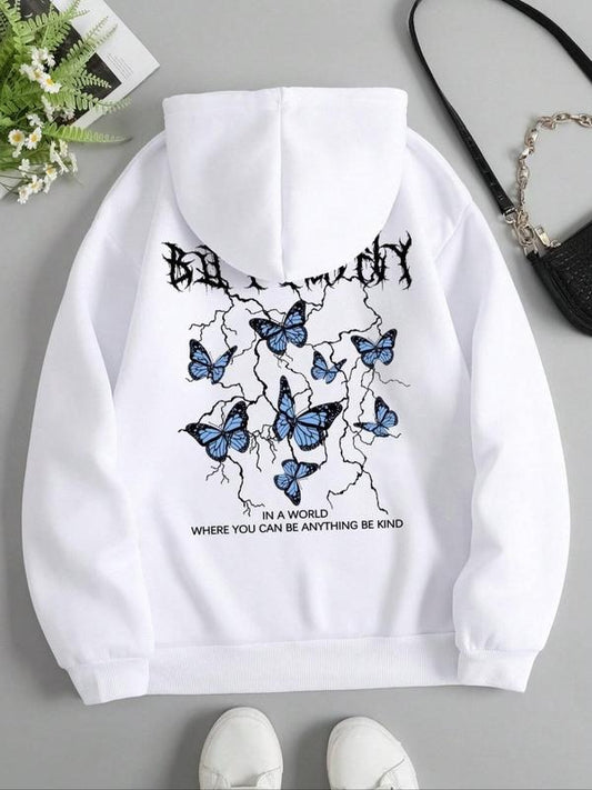 Women's Butterfly Print Drawstring Pocket Thermal Lined Hoodie, Fashion Casual Hooded Sweatshirt for Daily Holiday...